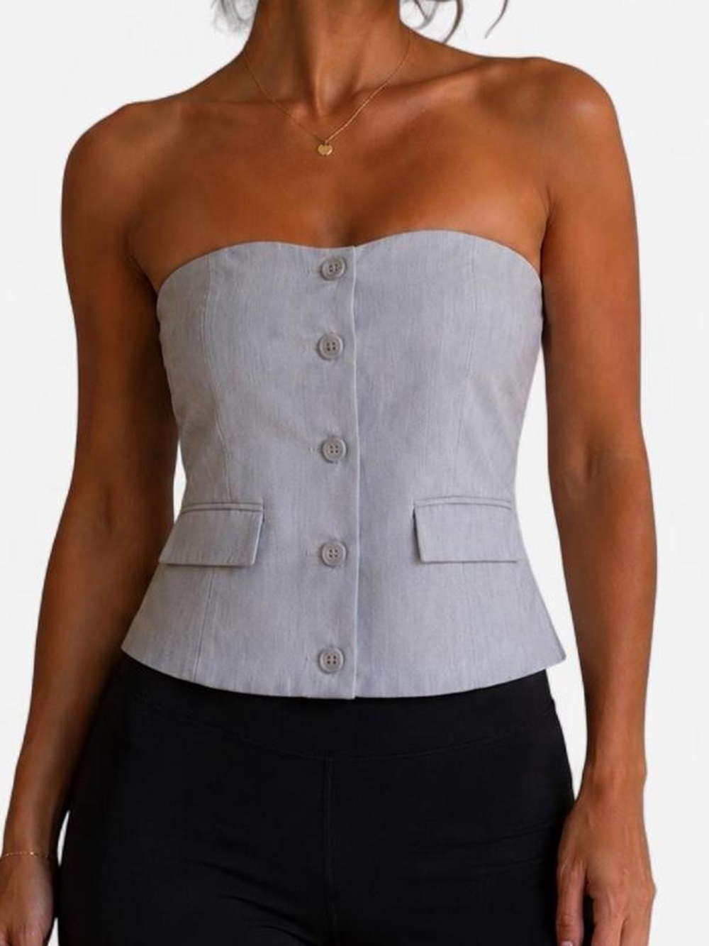 Strapless Button-Front Corset Top in Light Gray